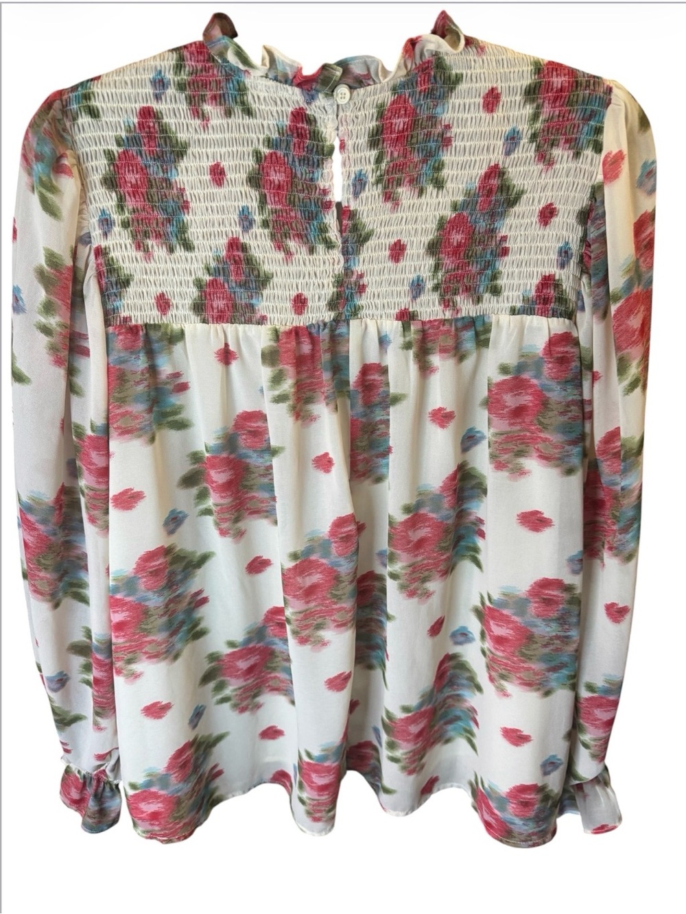 entro White Floral Smocked Yoke Long-Sleeve mock neck Blouse - Picture 3 of 5